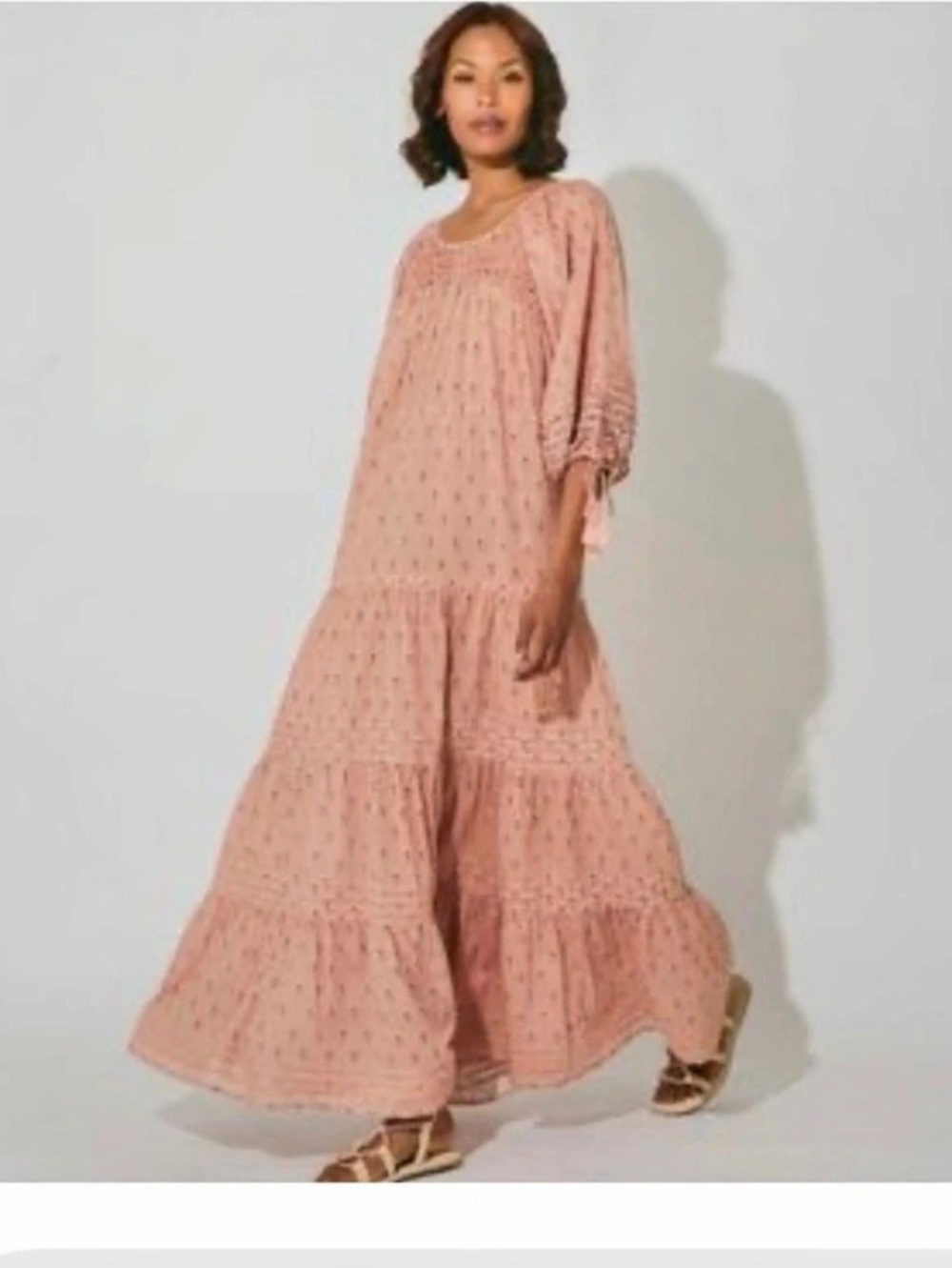 Cleobella Bohemian Organic Cotton Floral Tiered Maxi Dress in Pink Like New Medi